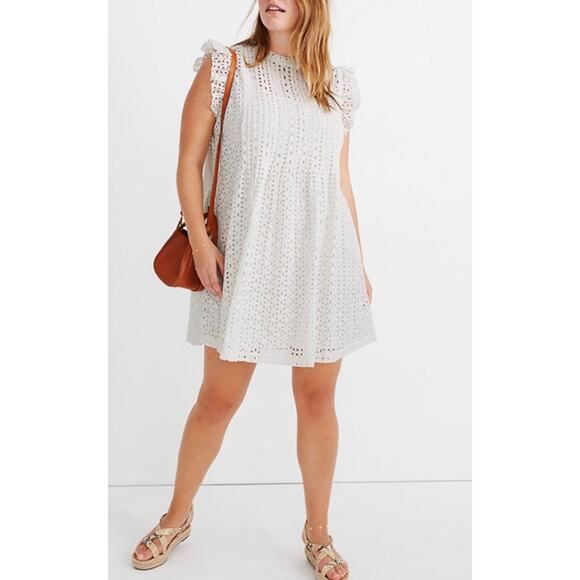 Madewell Eyelet Lace Ruffle Sleeve Pintuck Mini Dress sz L - Picture 2 of 9